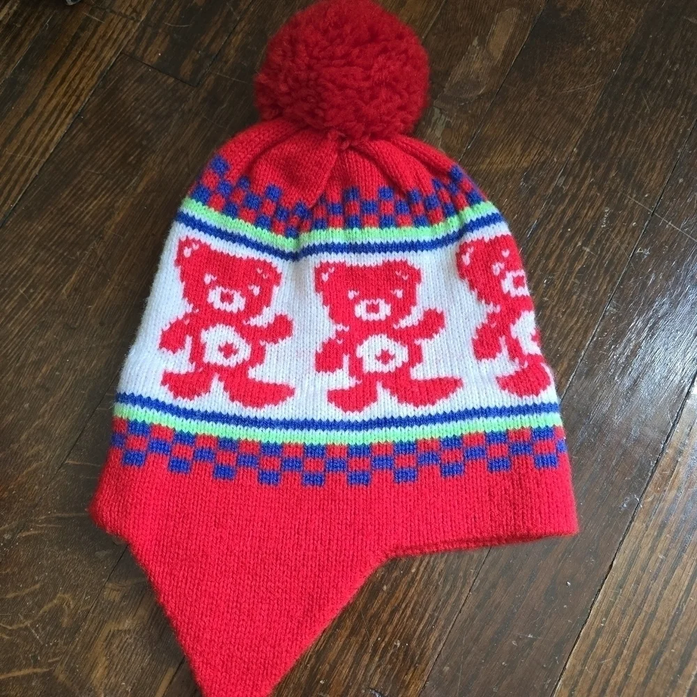 Vintage 80s West Hill Kids Red Knit Teddy Bear Pom Pom Ski Winter Hat